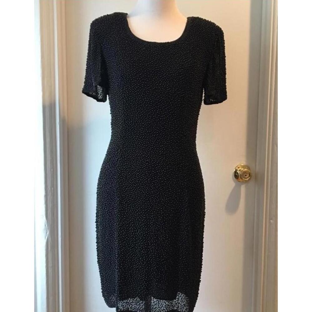 Oleg Cassini Knee-Length Black Short Sleeve Dress with Pearl Embellishments